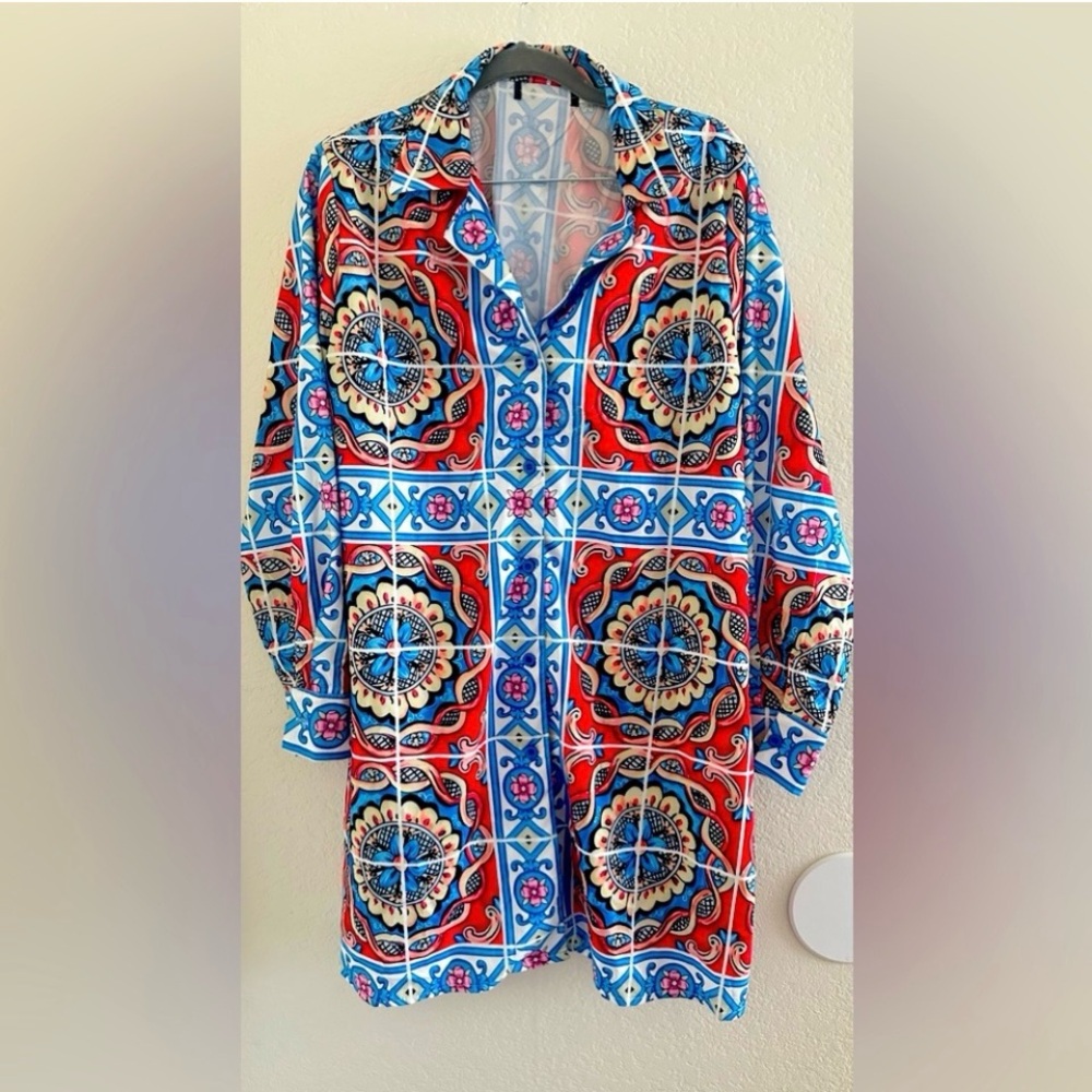 Fun Print Belted Button-Down Dress small